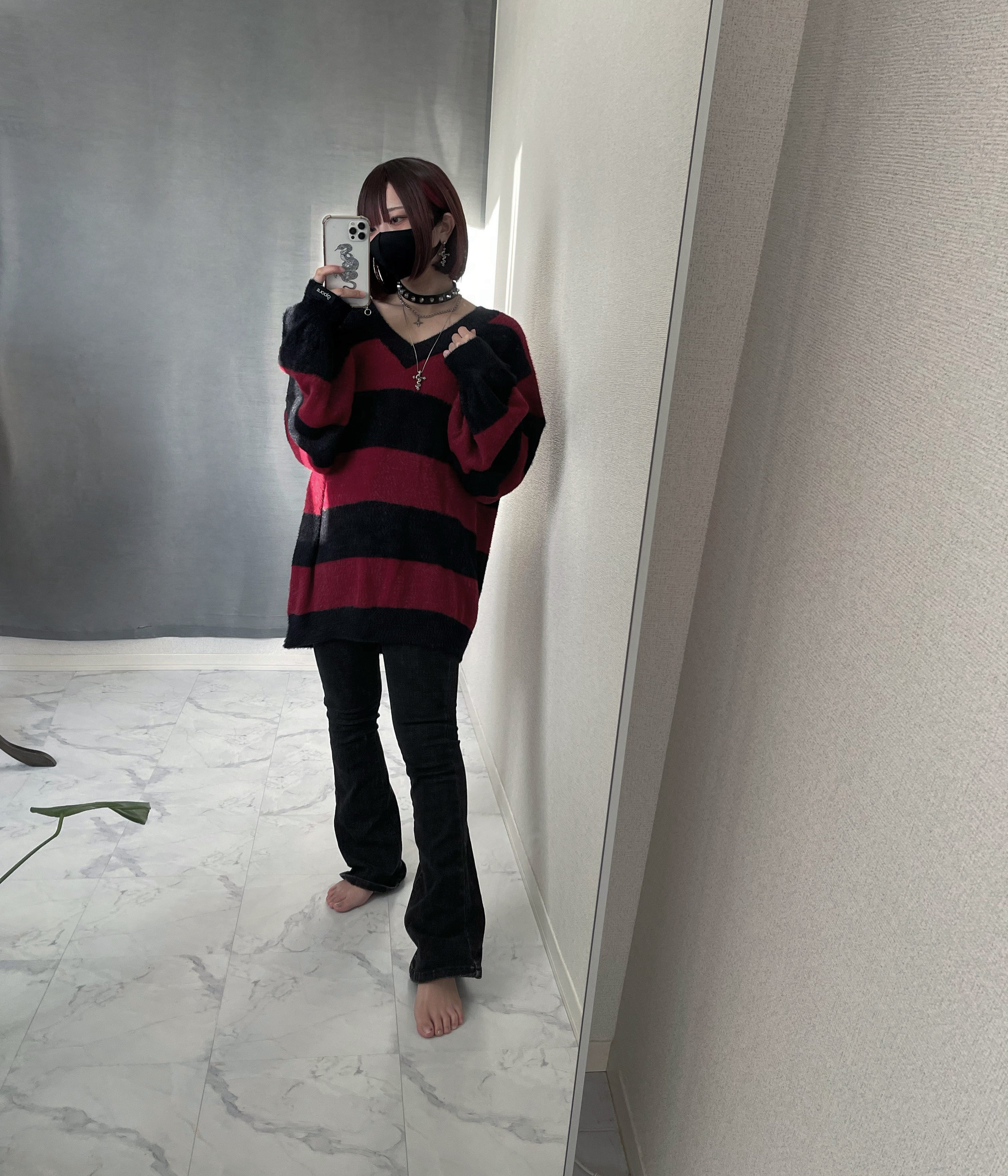 gibous shaggy border knit black×red