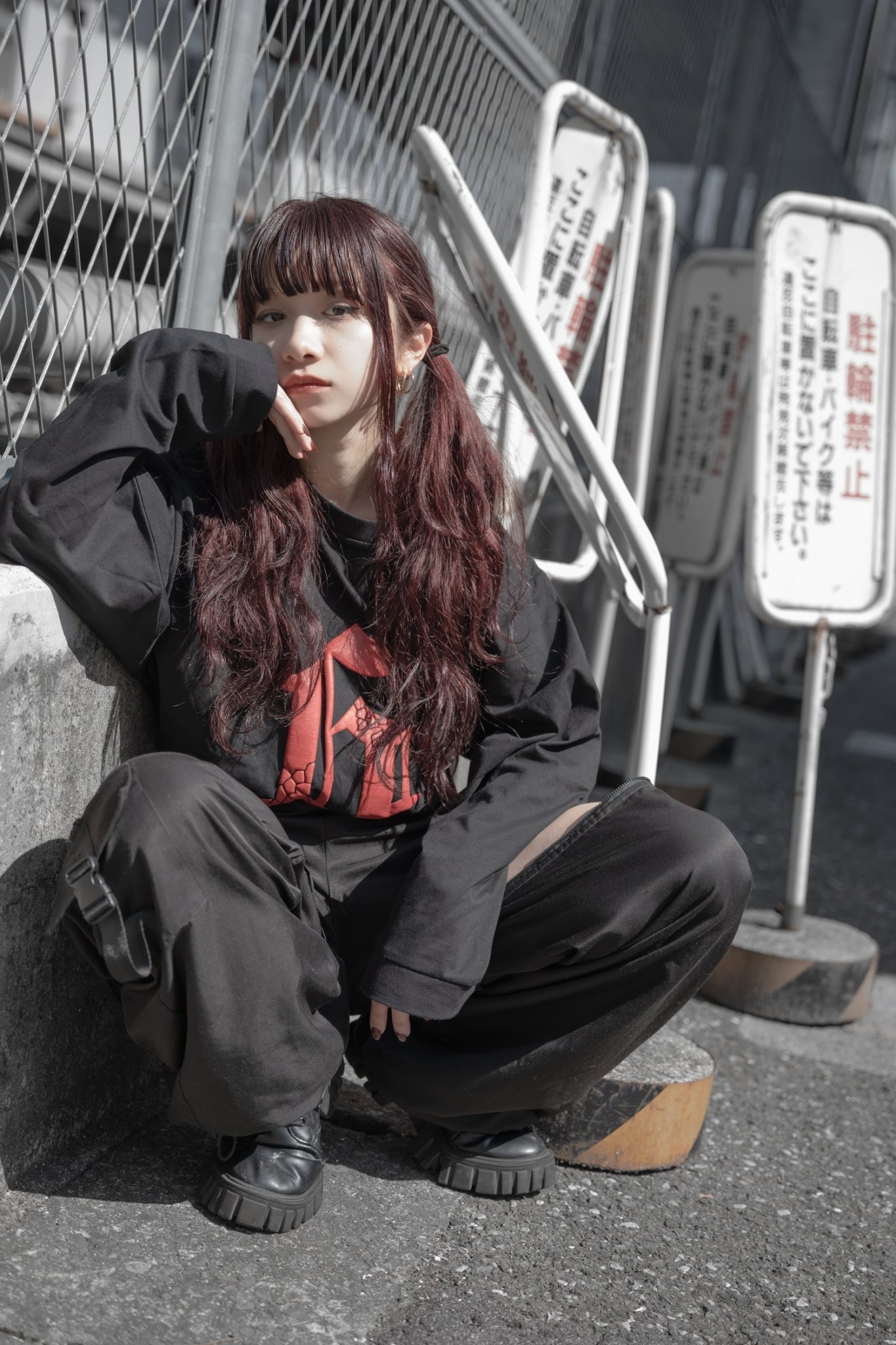 gibous G puff print long t shirt black