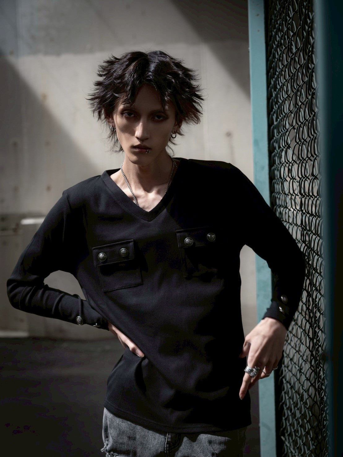 gibous rib original button v neck tops black