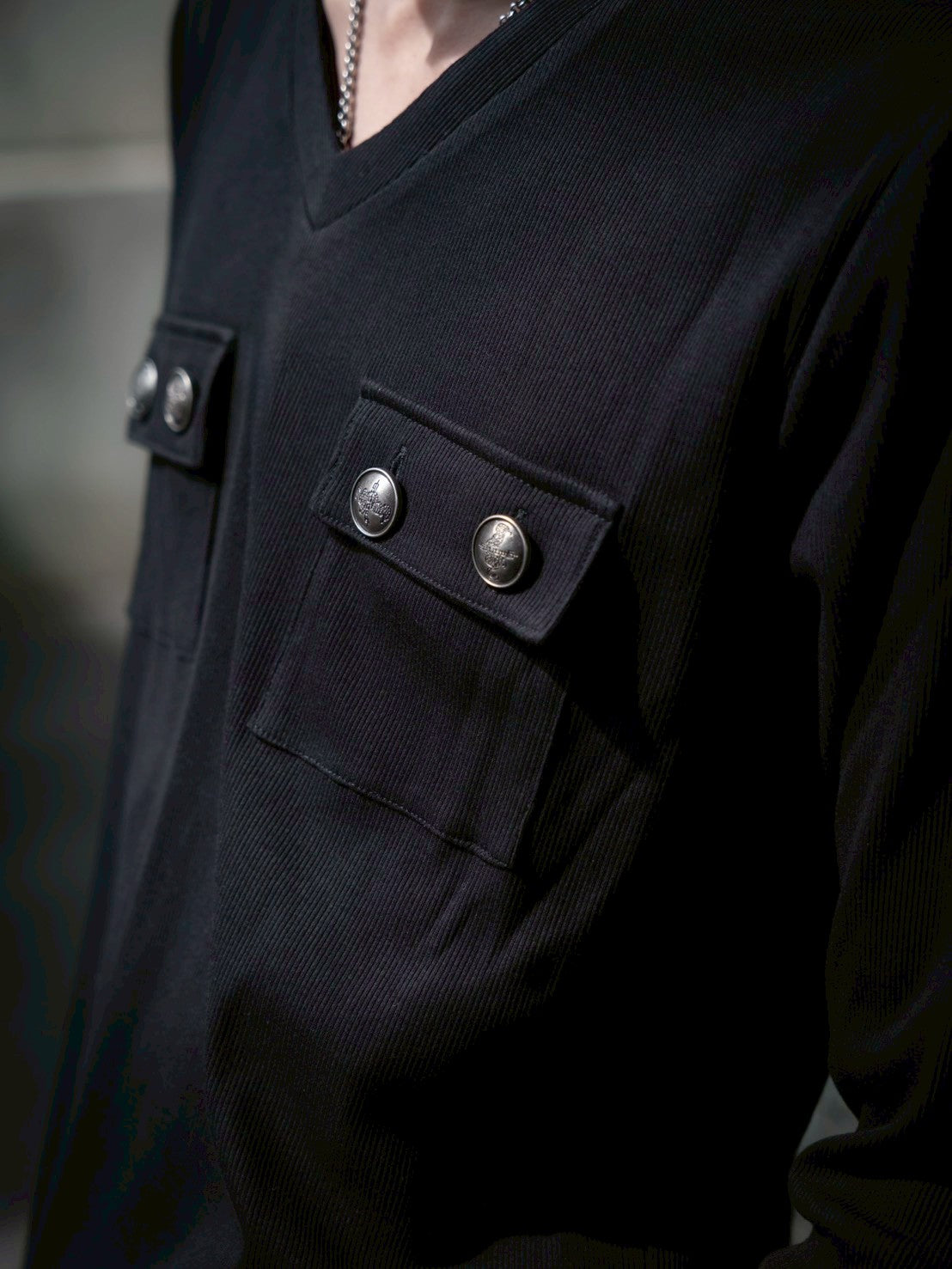 gibous rib original button v neck tops black