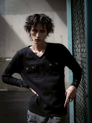 gibous rib original button v neck tops black