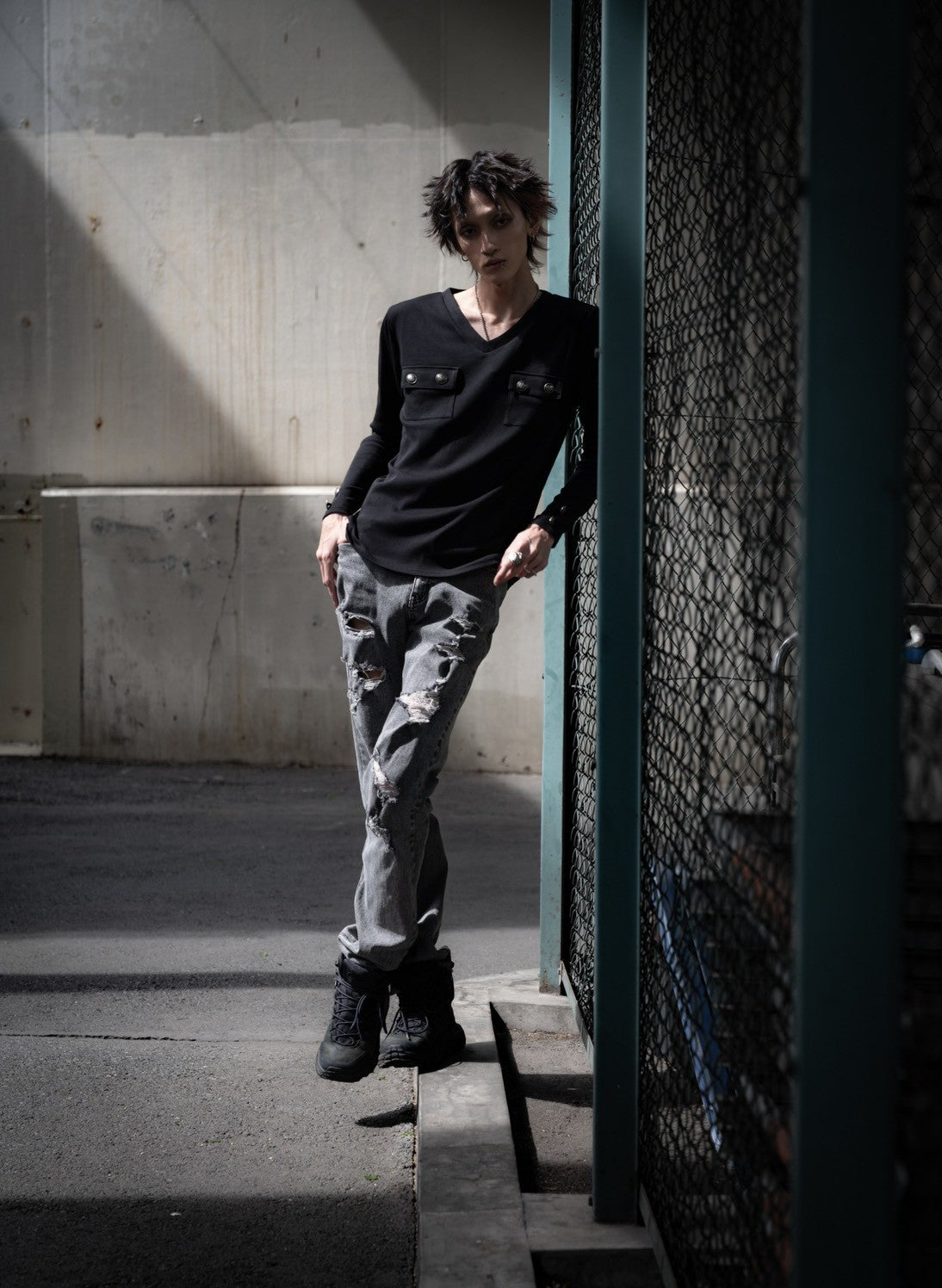 gibous rib original button v neck tops black