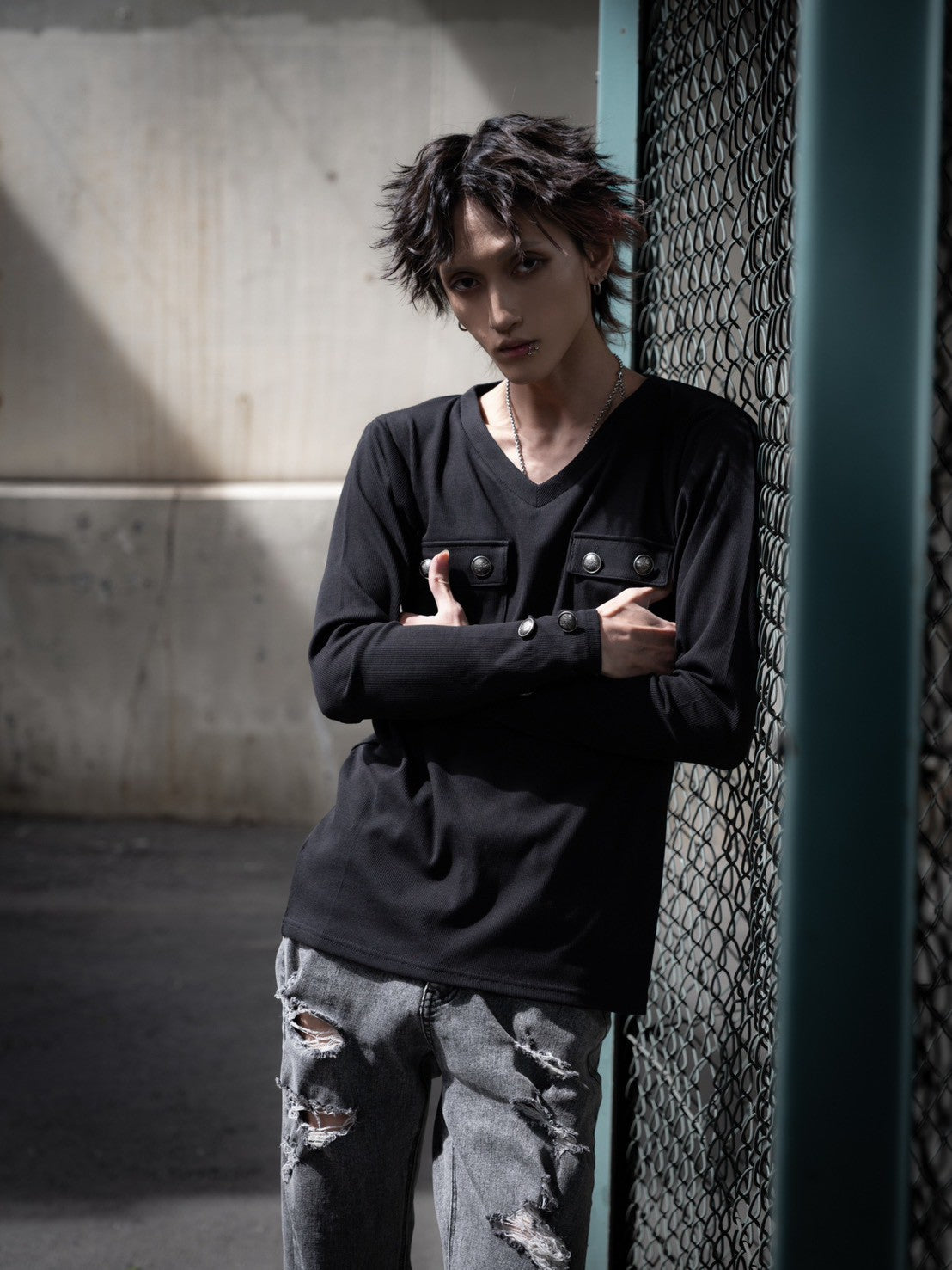 gibous rib original button v neck tops black