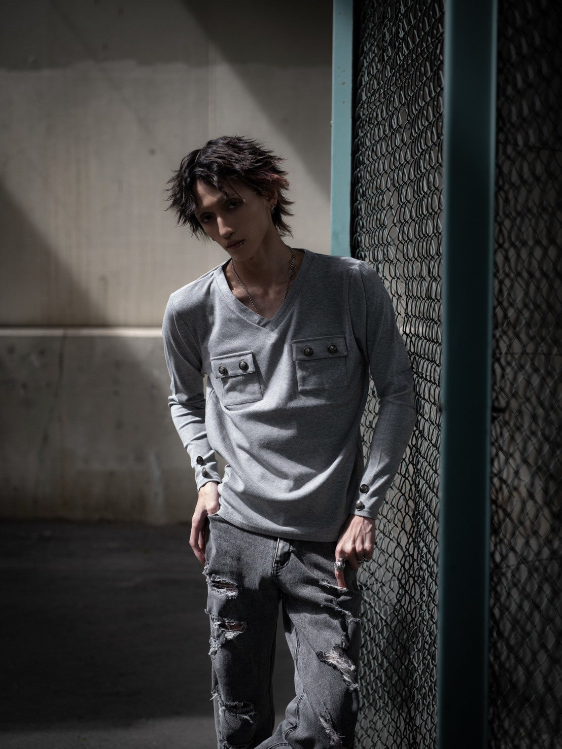 gibous rib original button v neck tops gray