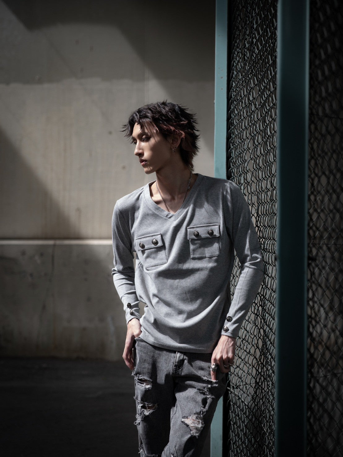 gibous rib original button v neck tops gray