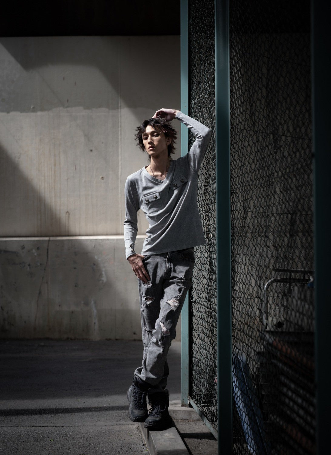 gibous rib original button v neck tops gray