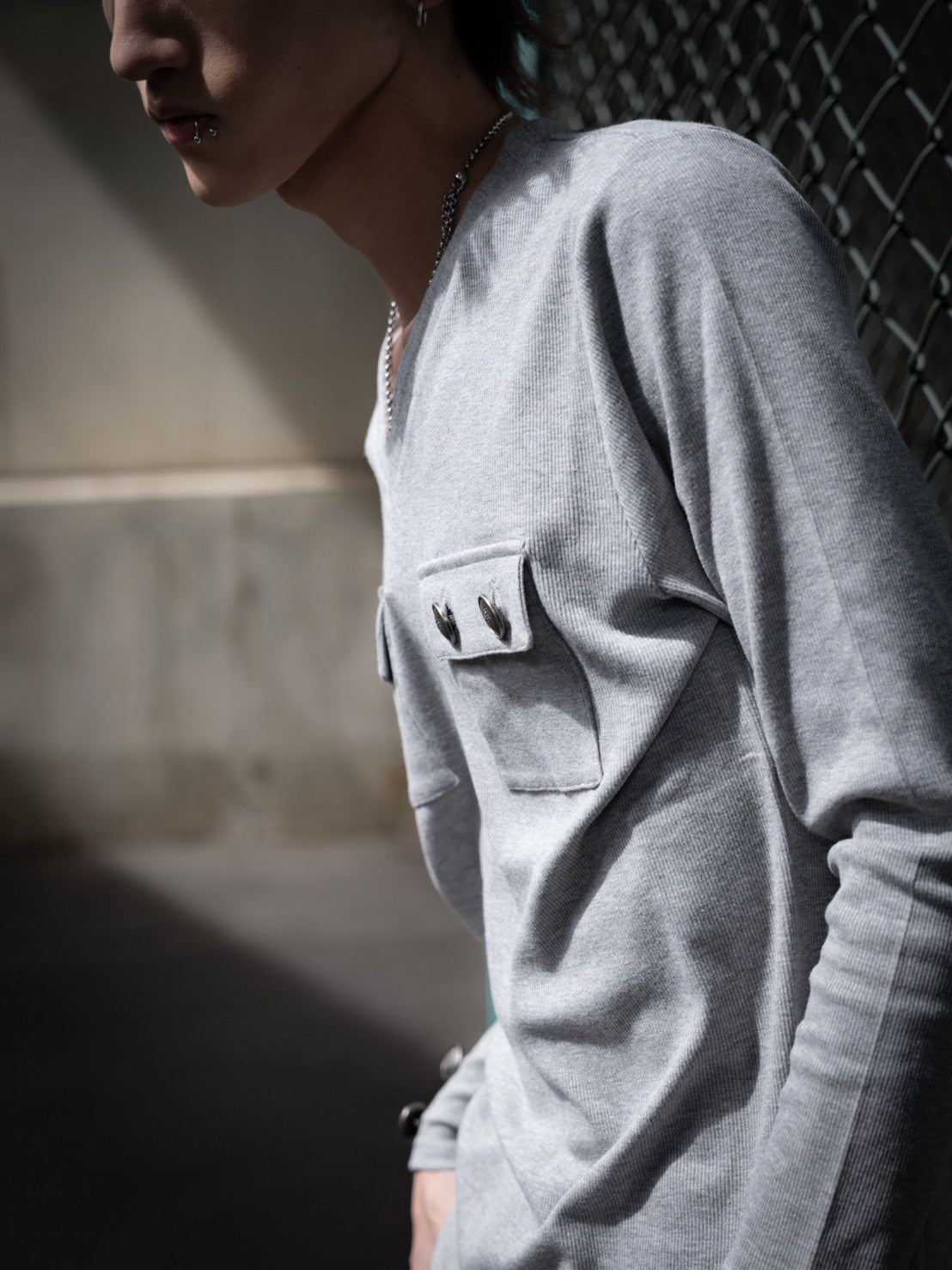 gibous rib original button v neck tops gray