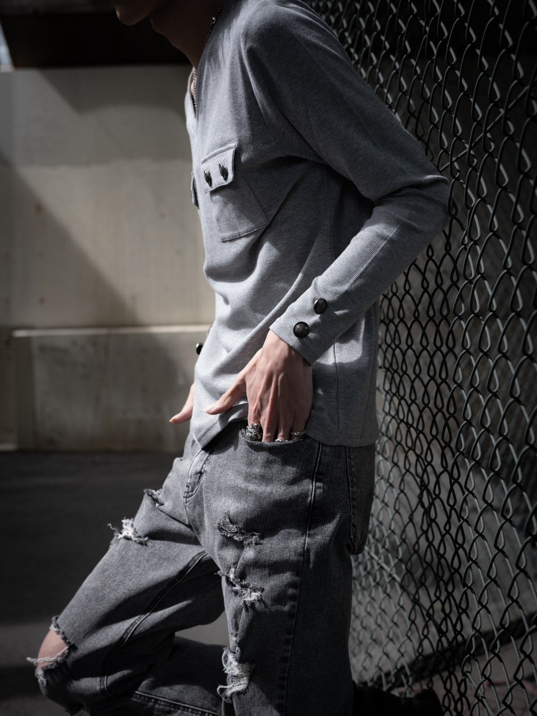 gibous rib original button v neck tops gray