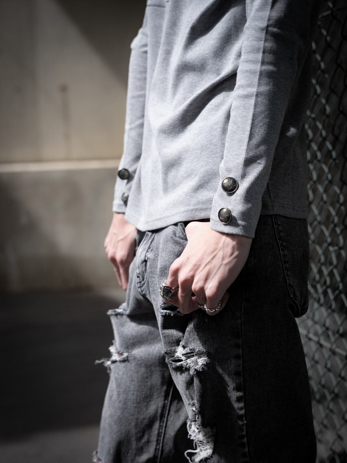 gibous rib original button v neck tops gray