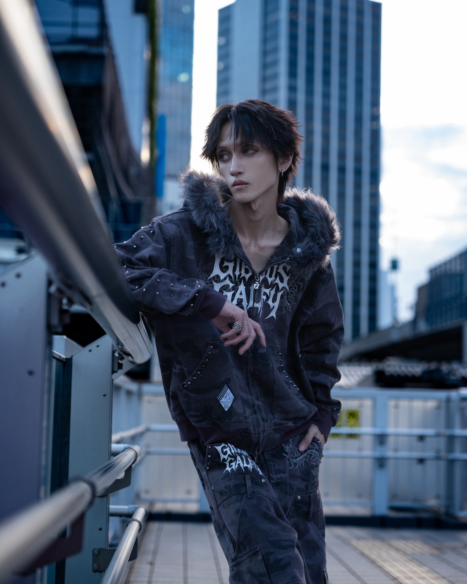 【受注生産】gibous×GALFY gothic logo centipede pants studs Overdyed
