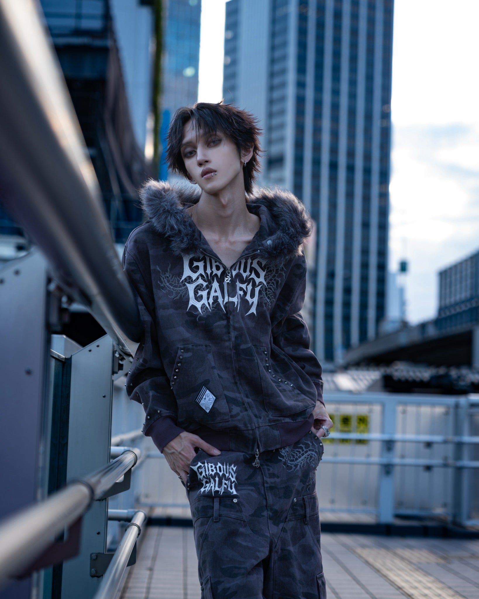 【受注生産】gibous×GALFY gothic logo centipede pants studs Overdyed