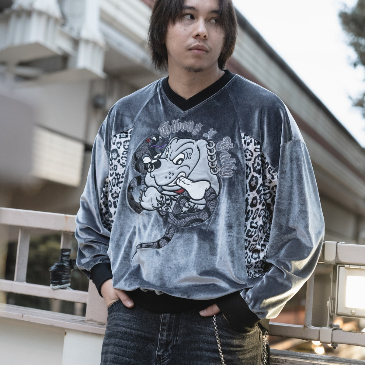 gibous×GALFY snake dog leopard velour V neck
