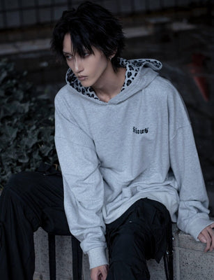 gibous gothic logo leopard print hoodie gray