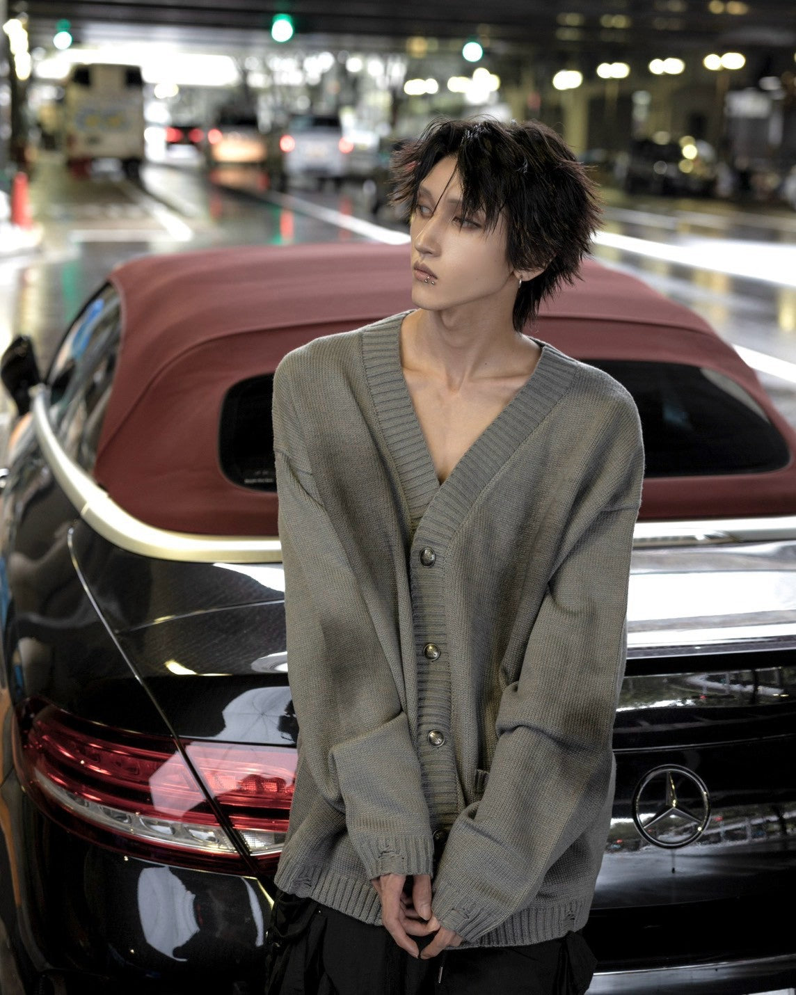 gibous original button shaggy spray cardigan gray