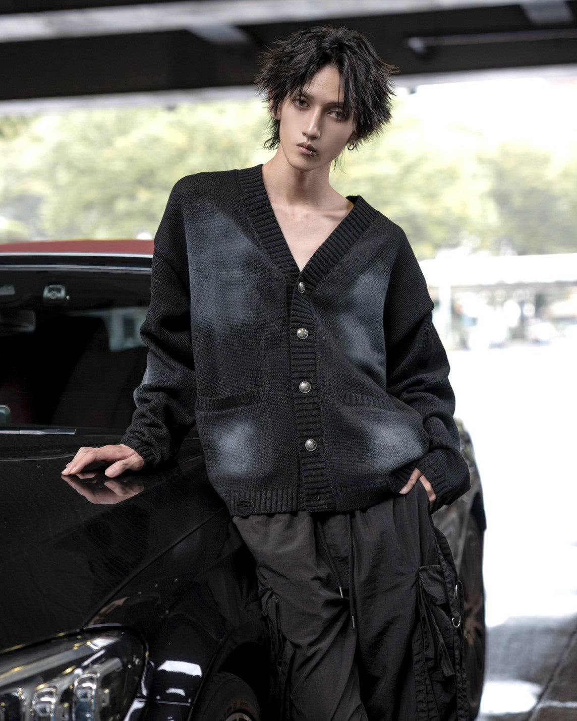 gibous original button shaggy spray cardigan black