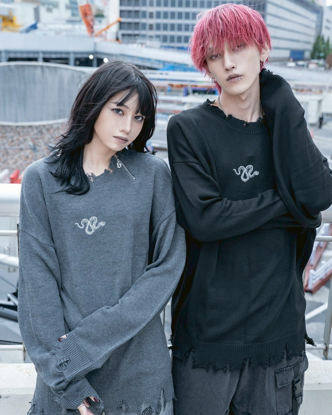 【再販】gibous damage zip knit gray