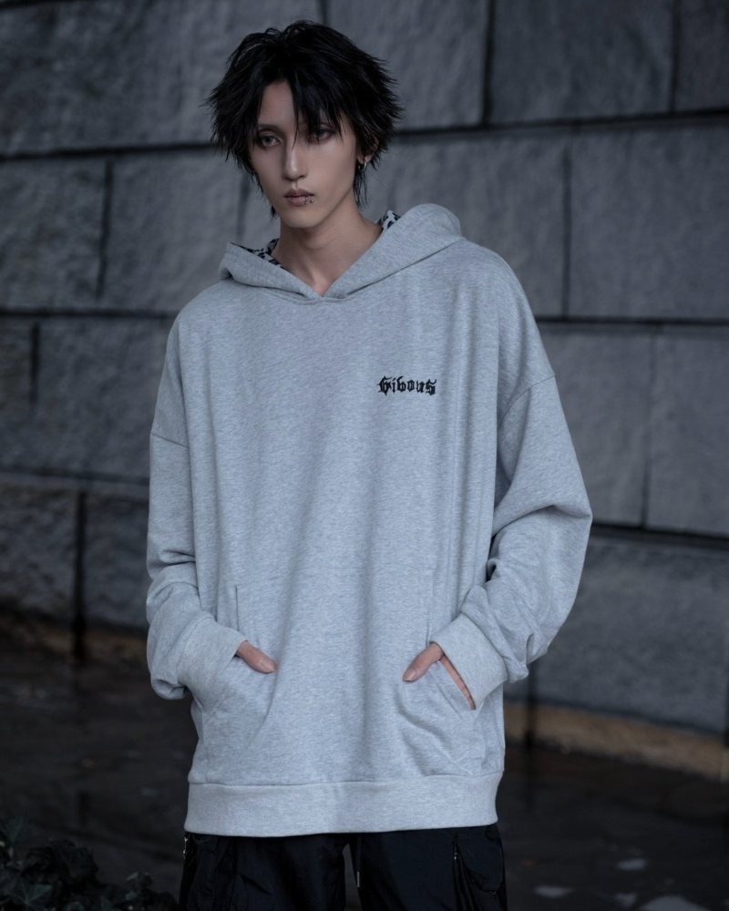 gibous gothic logo leopard print hoodie gray