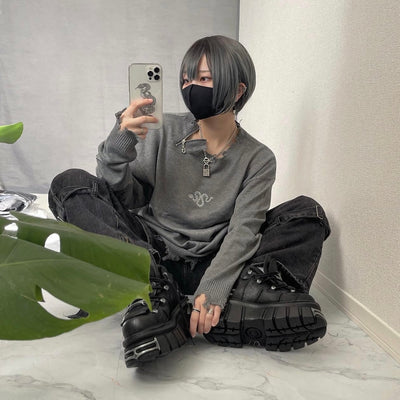 【再販】gibous damage zip knit gray